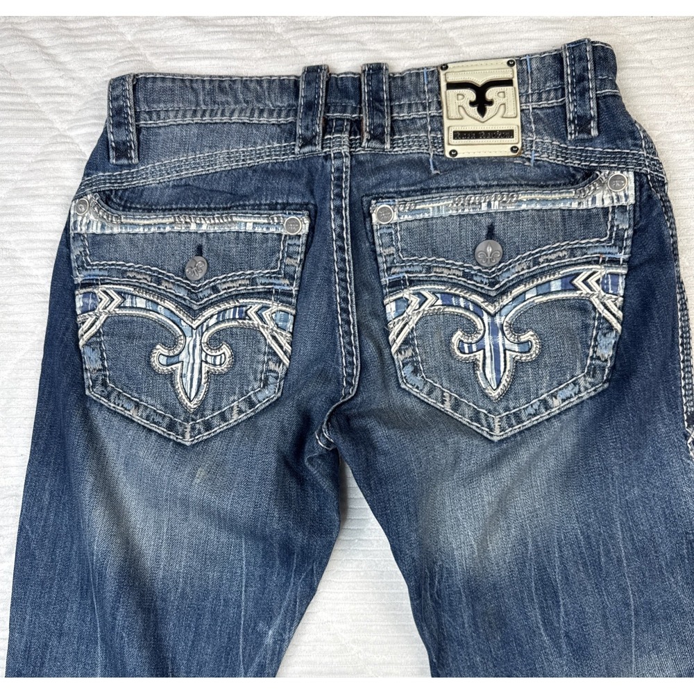 Rock Revival Slim Straight Men's Jeans 34x30 Blue Denim Embroidered Thick Stitch